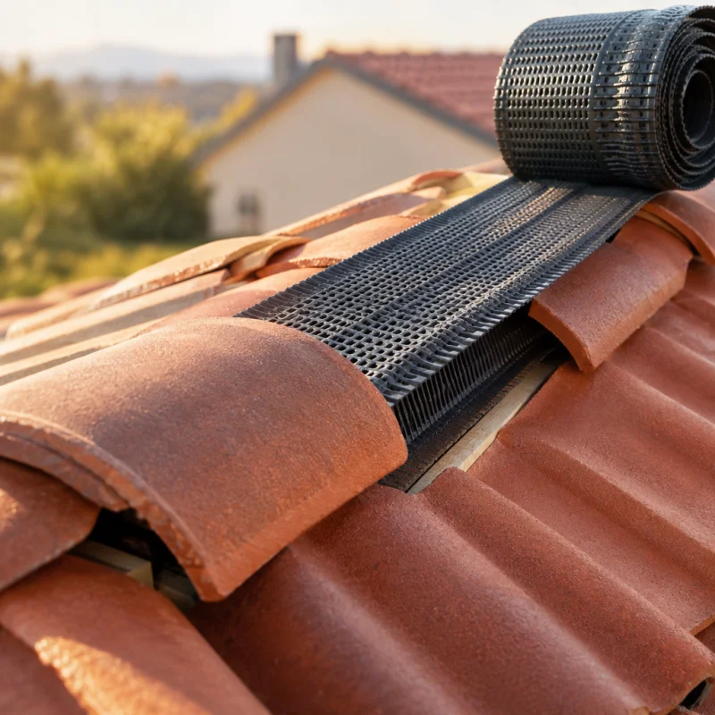 Pose d’un closoir ventilé sous les faîtières d’une toiture en tuiles